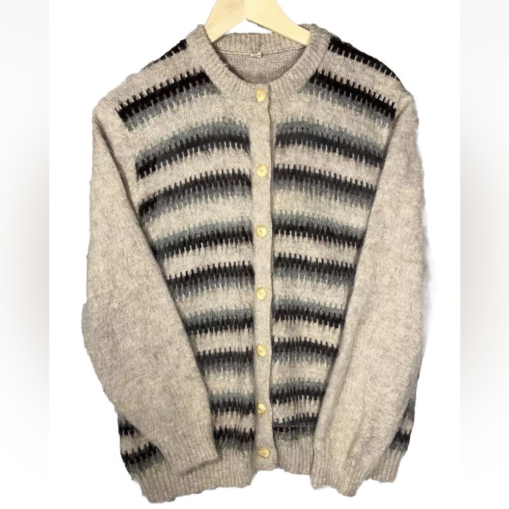 Vintage Alpaca Wool Cardigan Sweater Womens Medium Large Blue Beige Grandpa